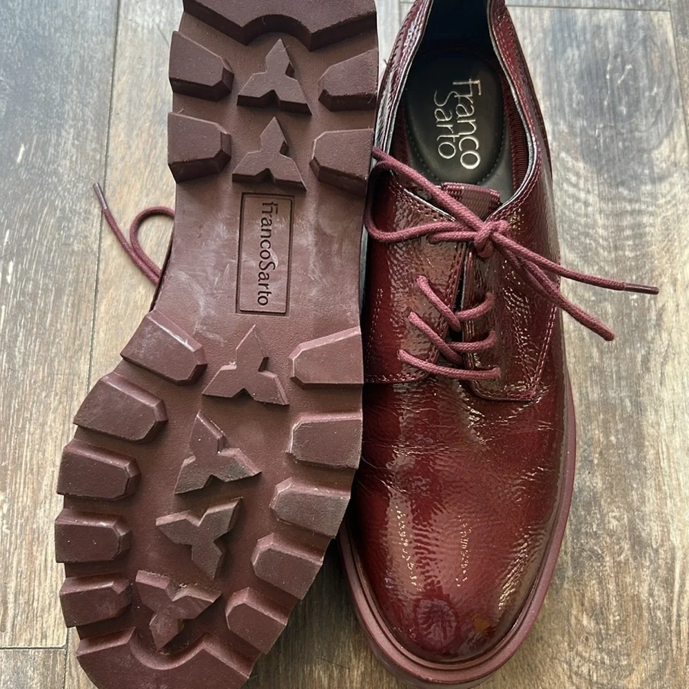 Franco Sarto Red Wine Patent Leather Oxfords with Lace-Up Design